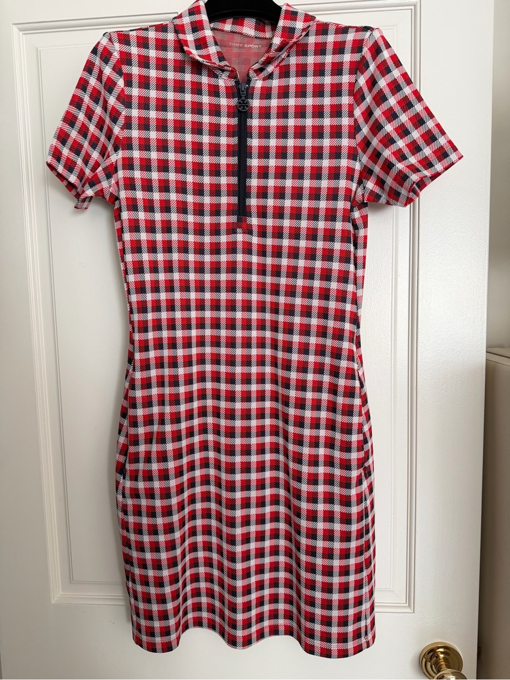 Tory Sport Red, Black & White Plaid Zip-Front Mini Dress